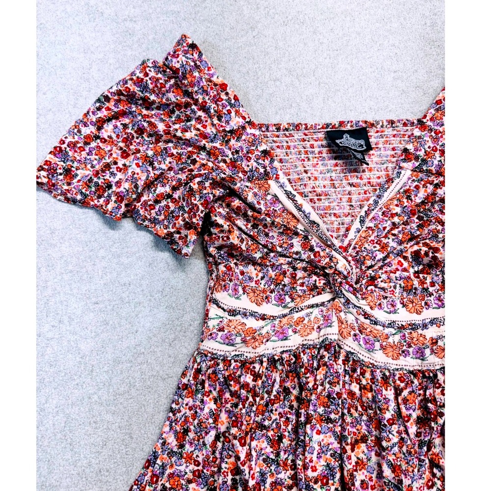 Angie Floral Mini Dress Womens M Multicolor Boho Flutter Sleeve V-Neck Smocked - Picture 2 of 9